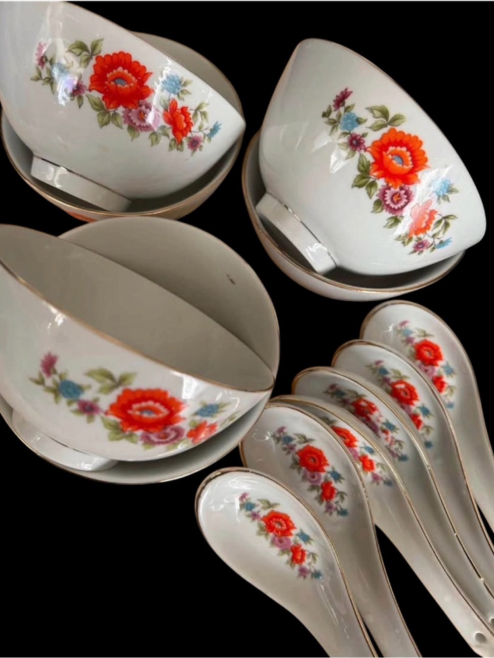 Porcelain Floral Serving Bowls & Spoons Set - White with Red Floral Accent